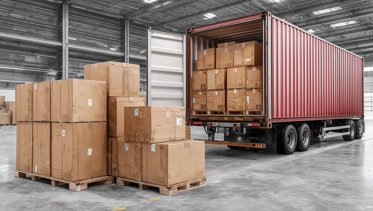 Illustrative photograph of a warehouse and freight container