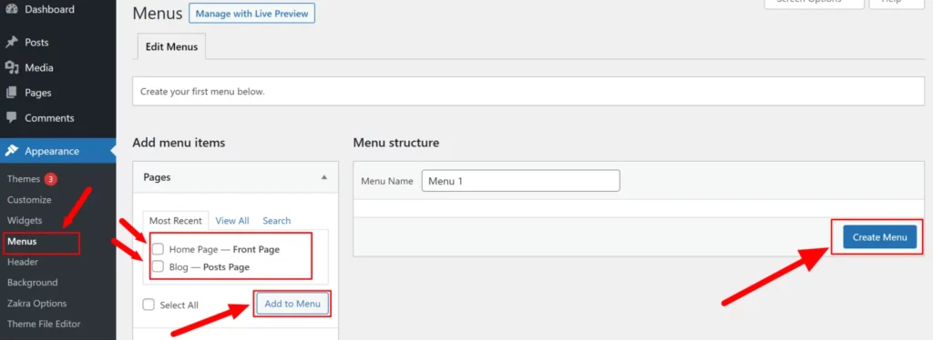 Create new menu and add pages to menu to build a wordpress site